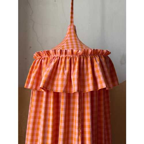 Orange Pink Gingham Canopy with Puffy Ruffle | Kids Bed Canopy Nursery Decor | Blooming Collection