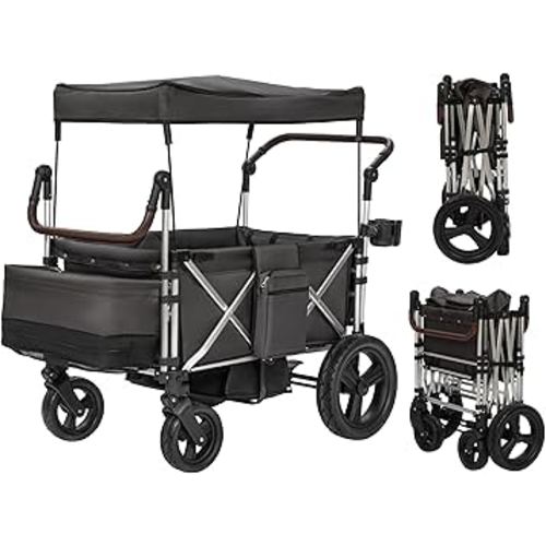 Real Relax Stroller Wagon for 4 Kids, Folding 4 Seater Stroller with 5-Point Safety Belt, Collapsible Push Toddler Cart with Canopy, All-Terrain Mobility Wheels