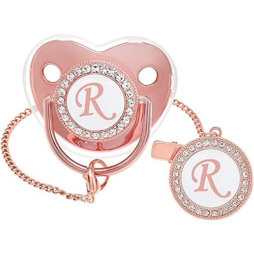 Bling Personalized Pink Baby Pacifier with Pacifier Clips and Anti-dust Cover A-Z 26 Letters(Pink,R)