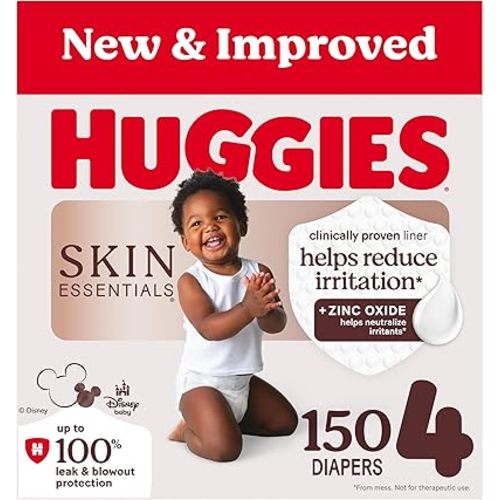 Huggies Size 4 Diapers, Skin Essentials Baby Diapers, Size 4 (22-37 lbs), 150 Count (6 Packs of 25), Packaging May Vary