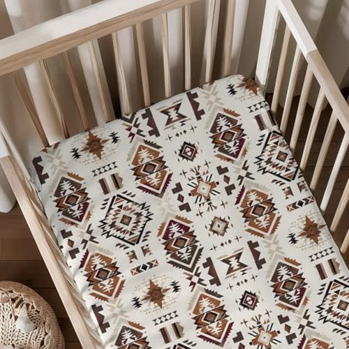 Western Tribal Geometric Pattern Baby Sheets for Crib, Unisex Native American Nursery Fitted Bed Sheet for Boys Girls Standard Crib and Toddler Mattress-28x52