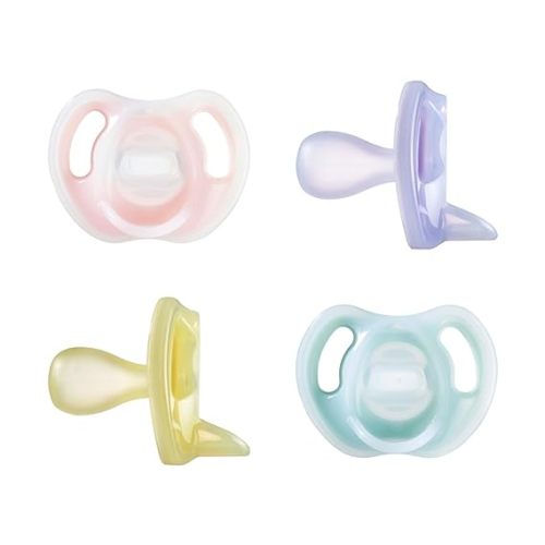 Tommee Tippee Ultra-Light Silicone Pacifier, 0-6 Months, Symmetrical One-Piece Design, BPA-Free Silicone Binkies, Pink/Purple/Green, Pack of 4
