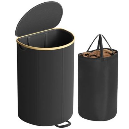 SONGMICS Laundry Hamper, Laundry Basket with Lid, 23.8 Gal. (90 L), with Removable Liner Bag, Ink Black and Light Bamboo
