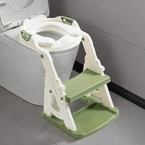 Potty Training Toilet Seat, Stable Potty Training Seat with Step Stool, 2 in 1 Toddler Toilet Seat with Steps for Kids Boys Girls, Toddler Potty Seat with Ladder, Splash Guard, Anti-Slip Pads (Green)