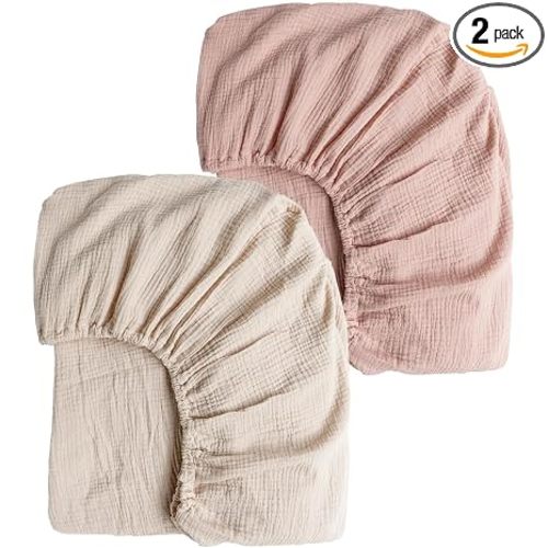Konssy 2 Pack Muslin Crib Sheets for Standard Crib Mattress, 52" x 28" | 100% Cotton, Soft & Breathable, 360° Elastic Snug Fit, Solid & Printed Designs for Baby Girls & Boys (Pink,Cream)