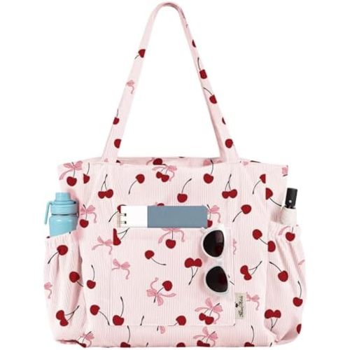 Large Corduroy Tote Bag for Women - Cute Shoulder Reusable Canvas Bags with Zipper Multi-Pocket for School