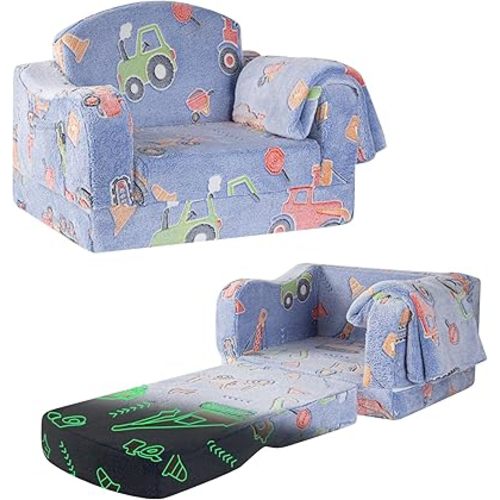 Comfy Toddler Chair and Couch for Kids with Blanket,2-in-1 Soft Plush Fold Out Toddler Couch for Girls and Boys,Convertible Sofa to Lounger for Playroom,Car Excavator