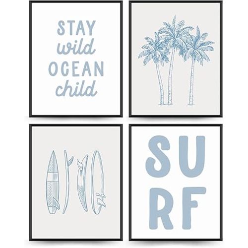 Wheatwin Beach Coastal Wall Decor, Surf Surfer Girl Boys Room Decor, Blue Coastal Beachy Art Prints Surfboard Wall Décor, Stay Wild Ocean Child Nursery Décor 4 Pcs 8x10 Inch Unframed