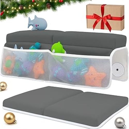 Comfortable Baby Bath Kneeler and Elbow Rest Pad Set – Thick Memory Foam Bath Kneeling Pad with Elbow Support – Baby Bathtub Cushion with Toy Organizer for Bathing Infant or Toddler - Dark Grey