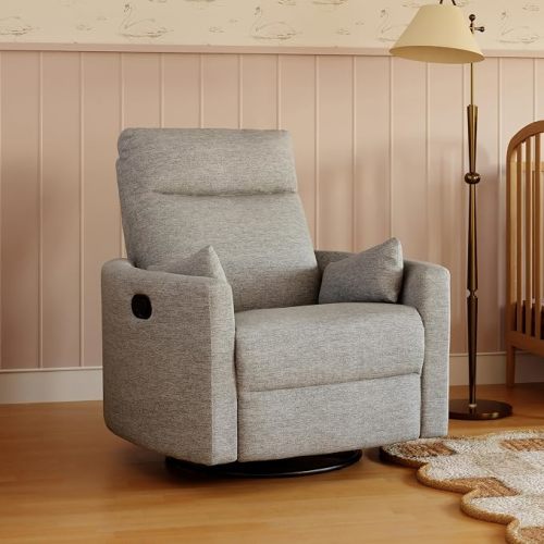Davinci Atlas Upholstered Recliner and Swivel Glider in Frost Grey | Nursery Glider Chair with High Back, Padded Armrests, and Bolster Pillows | Smooth Recline for Nursing and Feeding