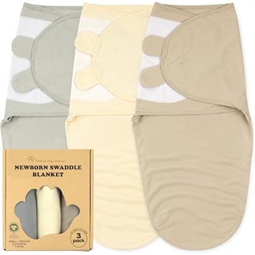 Newborn Swaddle Blanket 3-Pack, S/M 0-3 Months, GOTS Certified Organic Cotton, Adjustable Hook-and-Loop Wrap, Soft Breathable Sleep Sack, Reduces Startle Reflex for Boys & Girls