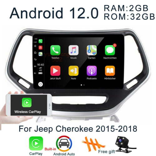 Car Radio Stereo for Jeep Cherokee 2015-2018, 10.1" Touchscreen Android 13 Support Carplay Android Auto Navigation Bluetooth Radio Video Mirror Link Steering Wheel Control Camera 2GRAM+32GROM,Black