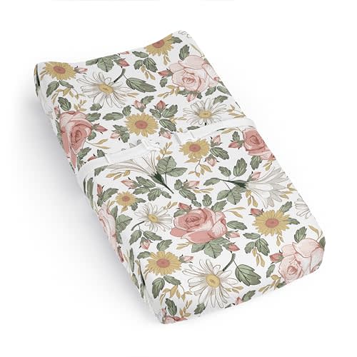 Sweet Jojo Designs Blush Pink Yellow Vintage Floral Boho Girl Baby Changing Pad Cover Sheet Infant Newborn Diaper Change Mat Cover Green White Bohemian Shabby Chic Farmhouse Leaf Rose Leaves Flower