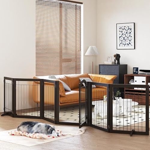 PAWLAND Dog Gate Indoor with Door, Freestanding, Foldable, 144" Wide, 30" H | Walk Through Pet Gate for Doorways, Stairs, the House, Wooden Puppy Safety Fence, Support Feet, 6 Panels, Espresso
