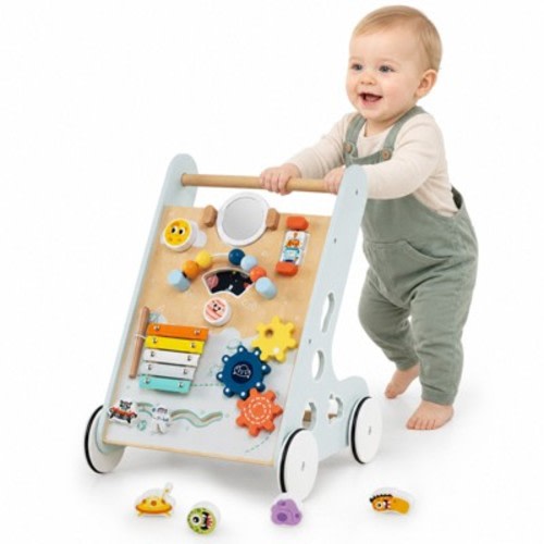 Baby Walker Wooden Push and Pull Activity Center with 8 Interactive Toys for Toddlers 1+ Years