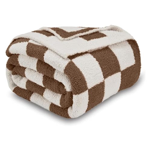 CozeCube Checkered Blanket, Ultra Soft Cozy Dark Brown and White Throw Blanket, Warm Cozy Knit Fuzzy Plush Checkerboard Throw for Couch Bed Sofa, 50"x60"