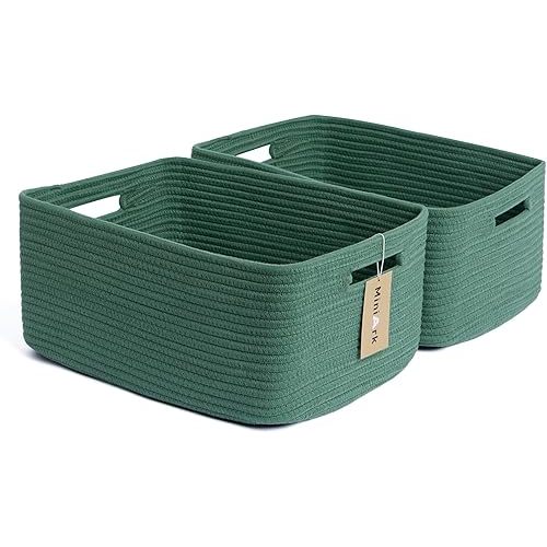 MiniArk Large Storage Baskets for Shelves, Closet Organizers Bins for Clothes Blanket Towels, Baby Nursery, Toy Baskets Box, Woven Rope Baskets, 17 x 13 x 7.5”, 2 Packs Green