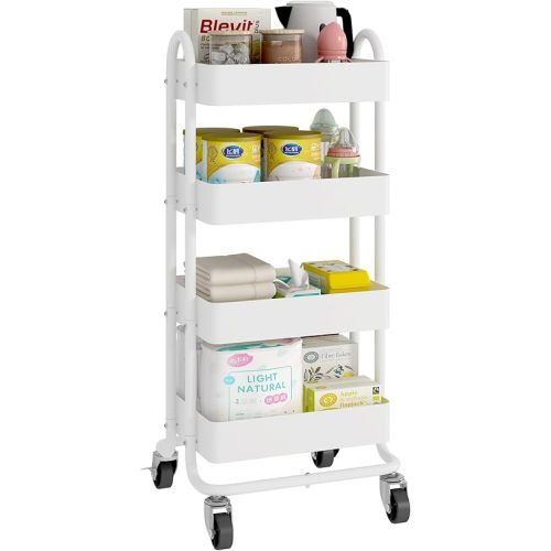 4-Tier White Rolling Cart,Metal Utility Rolling Cart with Handle,Steel Multifunction Rolling Carts with Wheels,Kitchen Storage Carts Suitable for Office,Home,Kitchen,Garden(13.4"x18.1"x40") White
