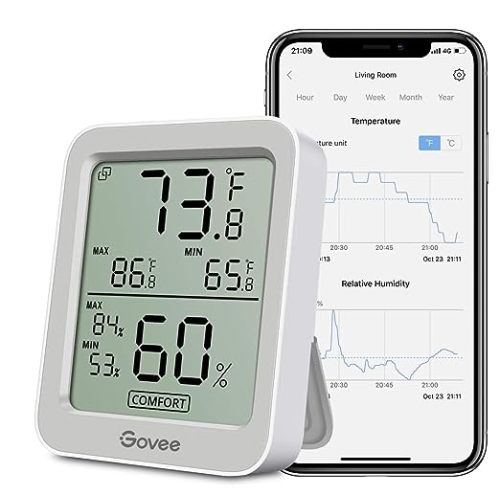 Govee Bluetooth Digital Hygrometer Indoor Thermometer, Room Humidity and Temperature Sensor Gauge with Remote App Monitoring, Large LCD Display, Notification Alerts, 2 Years Data Storage Export, Grey