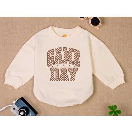 Checkered Game Day Romper Sweatshirt, Football Season Baby Romper, Retro Baseball Season Baby Outfit, Football Game Day Baby Clothes