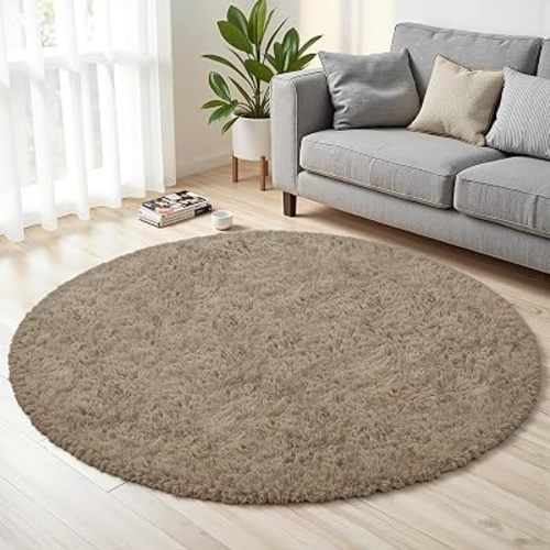 Grey Camel Round Fluffy Rug 6ft Plush Fuzzy Shaggy Carpet