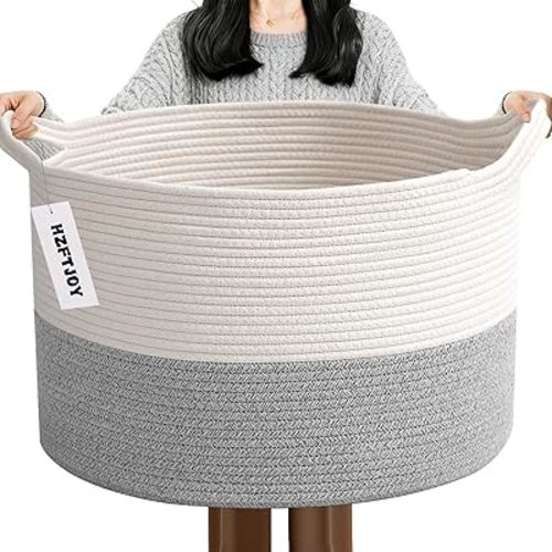 65L Large Blanket Basket,Woven Rope Laundry Basket Hamper with Handles,Decorative Nursery Basket Storage Bin for Toys, Pillows , Clothes Organizer, Living Room, Bedroom, Bathroom, White&Grey