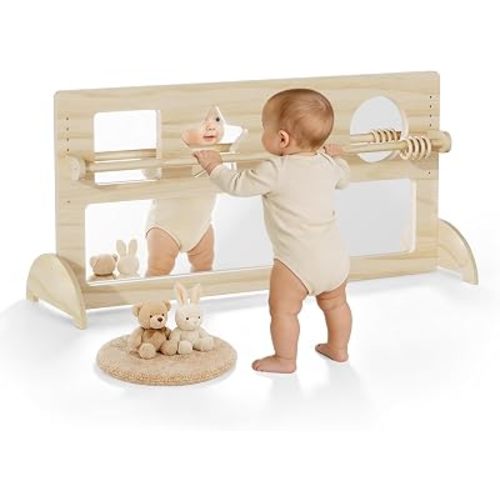 Montessori Baby Sensory Mirror w/ Pull Up Bar, Adjustable Tummy Time Mirror