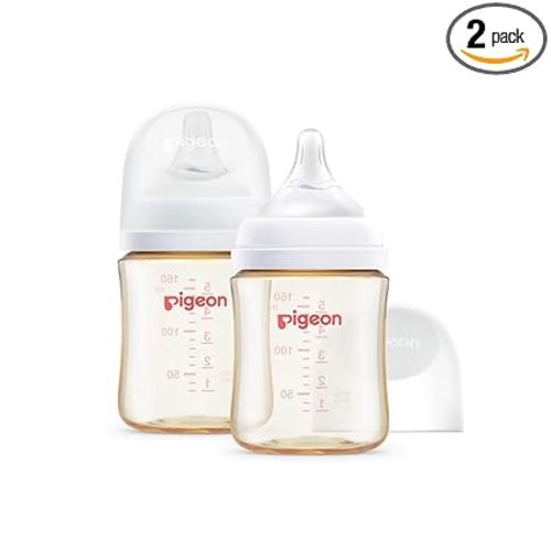 Pigeon PPSU Nursing Baby Bottle Wide Neck, Anti-Colic, Streamlined Body, Natural Feel, Easy to Clean, 5 Oz (Pack of 2), Includes 2pcs SS Nipples (0m+)