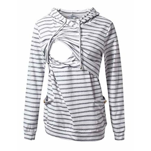 GINKANA Womens Nursing Hoodie Top Sweatshirt Long Sleeve Button Decoration Pockets Shirts Tunic Top