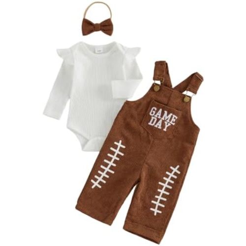 Afunbaby Fall Baby Girl Outfit Game Day Football Romper Overalls 3pcs Set