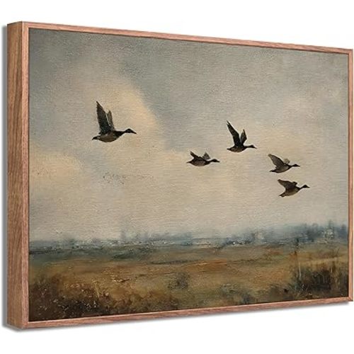 Framed Vintage Flying Duck Wall Art Wildlife Canvas Poster Print Natural Wilderness Picture Retro Wild Duck Painting Artwork Wall Decor for Bedroom Living Room Kitchen 8x10in