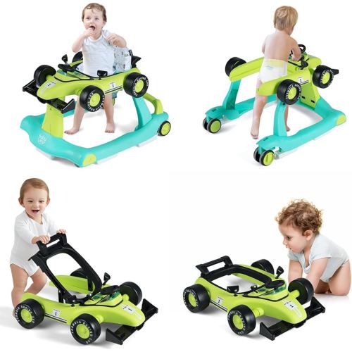 BABY JOY 4-in-1 Baby Walker, Foldable Activity Walker with Adjustable Height & Speed, Music, Lights, Anti-Rollover, Toddler Push Walker, Baby Walker with Wheels for Boys Girls 6-18 Months (Green)