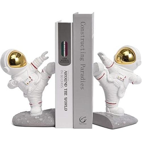 Book Ends for Shelves Decorative, Upgraded Astronaut Bookshelf Stopper Resin Book Shelf End Holders Heavy Duty Bookends for Kids Gifts Cute Spaceman Book Ends for Space Decor(F2-Gold)