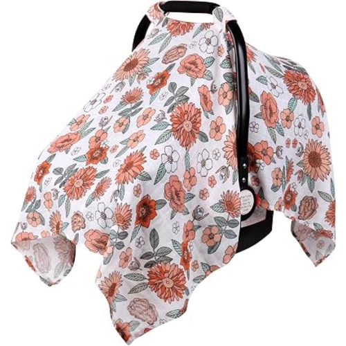 Rquite Car Seat Cover Baby Girl, 100% Cotton Muslin Infant Carseat Canopy