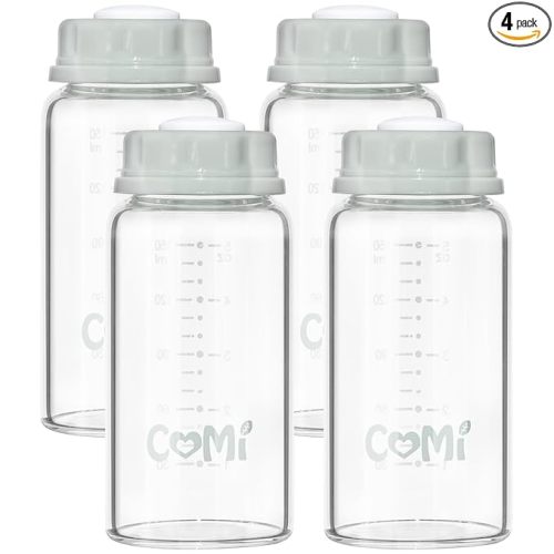COMI Natural Glass Baby Bottle,Standard Neck Breastmilk Storage Bottle for Fridge,Breast Milk Container,Breast Pump Bottle Compatible with Medela Breast Pump,BPA Free,4PCS(5.1oz,4 Gray Lids)