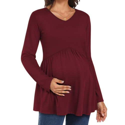 WellSize Women Maternity blouses Casual Fall Tunic Tops V Neck Long Sleeve Shirts Winter Pregnancy Clothes