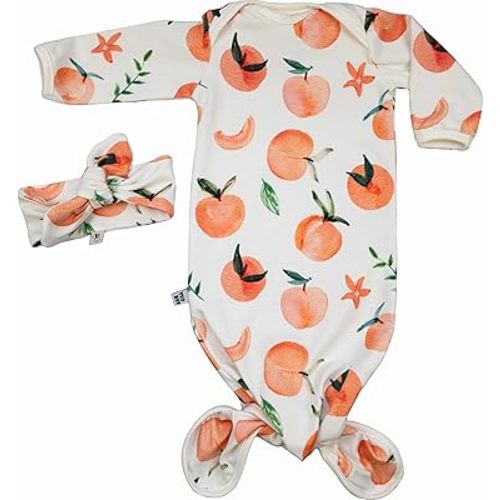 Soft cotton peach baby gown and headband set, stretchy knotted pajamas (0-3 months), sleeper