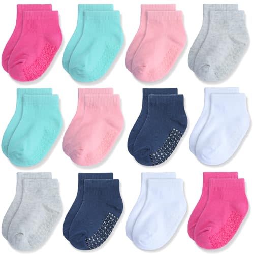 Baby Non-Slip Ankle Socks 12 Pack Soft Cotton for Infant Toddlers Girl Boy | Combed Cotton, Skid-Resistant, Machine Washable, Stay-On Ankle Design