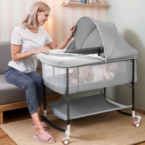 GOTGELIF 4-in-1 Baby Bassinet Crib with Adjustable Height, Bedside Sleeper, Changing Table & Mosquito Net