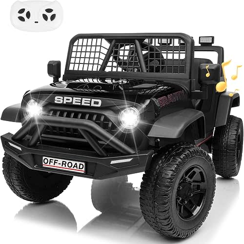 24V Je-ep Powered Wheels w/Remote Control, 4WD Ride on Truck Car, 3 Speed, Bluetooth Music, Wide Seat, Spring Suspension, LED Light, Birthday for Boys Girls Toddler(Black)