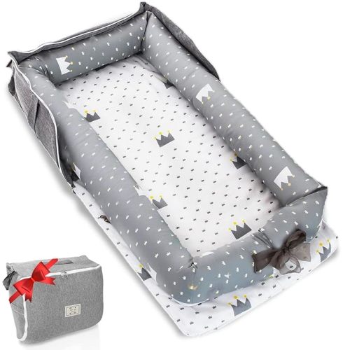 Baby Lounger for Newborn to Toddler 0-24 Months - Portable Infant Lounger with Breathable Cotton, Adjustable Size & Lengthen Space Travel Strap for Home, Outdoor (1. Crown)