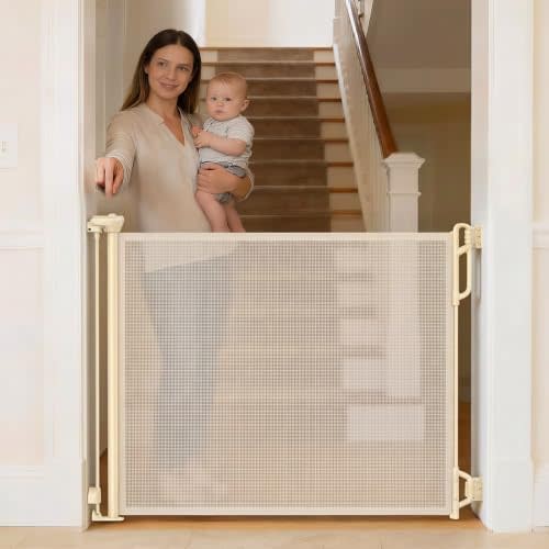 SPACEANY Retractable Safety Baby Gate or Mesh Dog Gate,Durable Portable Mesh Retractable Gate,Easy to Use for Stairs, Doorways, Hallways, Indoor, Outdoor, 33.5" Tall, Up to 55" Wide, Cream