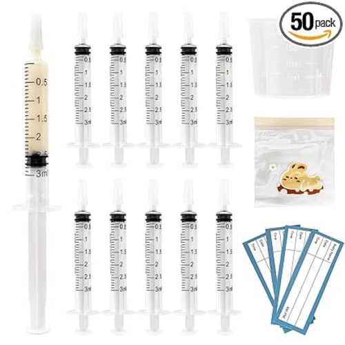 50 Sets Colostrum Syringes,3mL Colostrum Collector Kits Include 50PC 3ml Sterile Syringe with Cap, Sticker, Clear ziplock Bag and a Measuring Cup
