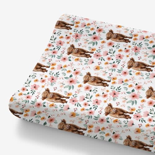 HawSkgFub Highland Cow Boho Floral Changing Pad Cover for Baby Girls, Western Farm Animal Retro Flower Diaper Change Table Covers, Soft Stretchy Safe Snug Fitted Changing Mat Sheet Fit 32"/34" x 16"