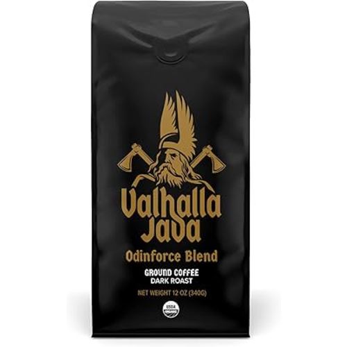 Death Wish Coffee Valhalla Java Dark Roast Ground Coffee, 12 Oz, Bold & Intense Blend of Arabica Robusta Beans, USDA Organic