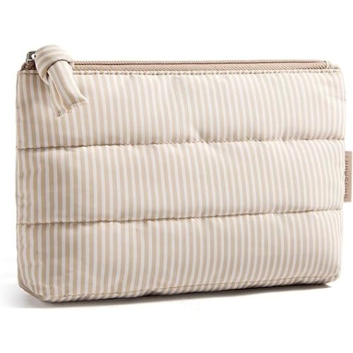 BAGSMART Small Makeup Bag, Puffy Portable Cosmetic Pouch with Charm Zipper, Water-Resistant Travel Organizer for Women (Khaki Stripe, Small)