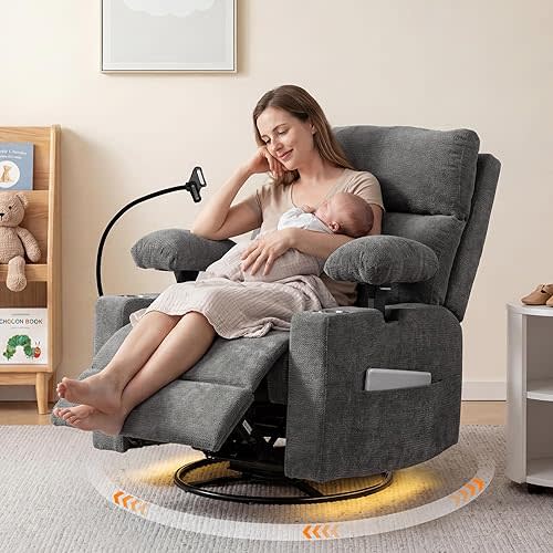 Power Rocking Chair Nursery with Adjustable Armrests&Headrest, Glider Recliner Chair, Swivel Reading Chair with Electric Lumbar Support, Cup Holder, Nightlight and USB Ports, Grey