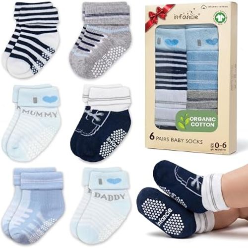 GOTS Organic Cotton Blend infant 6 Pairs socks with Grip 0-6 M Boy Non Slip