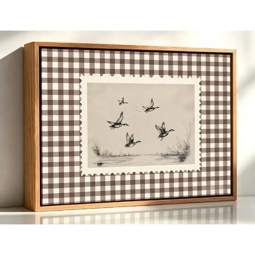 Vintage Flying Ducks Framed Wall Art, animal Mallard Duck Brown Gingham Farmhouse Decor, Retro Cottagecore Art Print for Bathroom Living Room Bedroom-8x10in