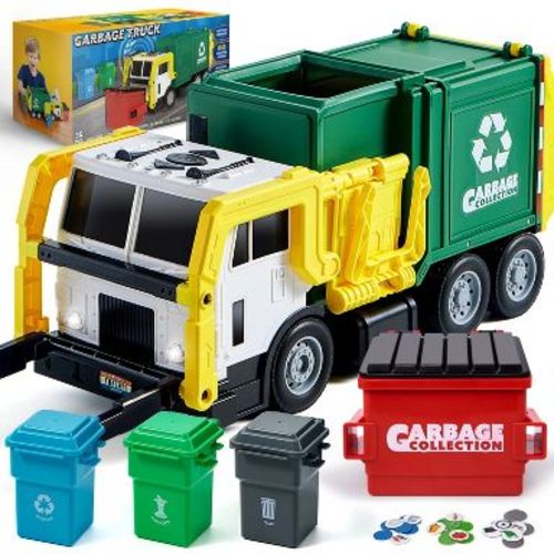 Garbage Truck Set, 16" Large Trash Truck Toys for Boys with Trash Can Lifter and Dumping Function, Toy Truck Birthday Gift for Boy Age 3-7 Years Old